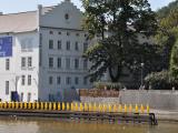 34 penguins are watching the boat traffic on the river Vltava